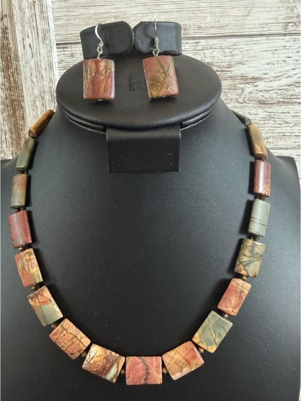 Jasper Beaded Necklace 20” & Pierced Earrings W/Spacers